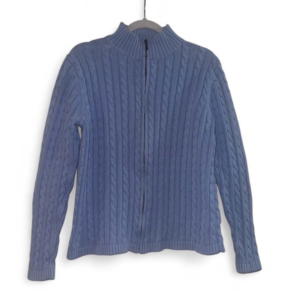 L.L. Bean Women's Blue Cable Knit Full Zip Cardigan Sweater Mock Neck XL Cotton - Picture 2 of 8